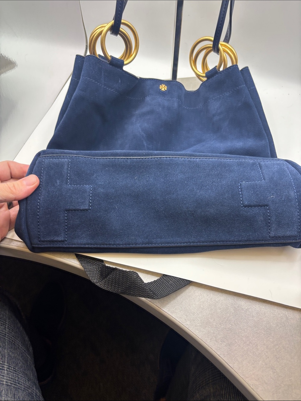 Tory Burch Farrah Suede Tote Bag in Royal Navy / Midnight Blue - Picture 3 of 8